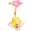 Pink Gem Gold Tone Cupid Heart Double Mount Belly Ring