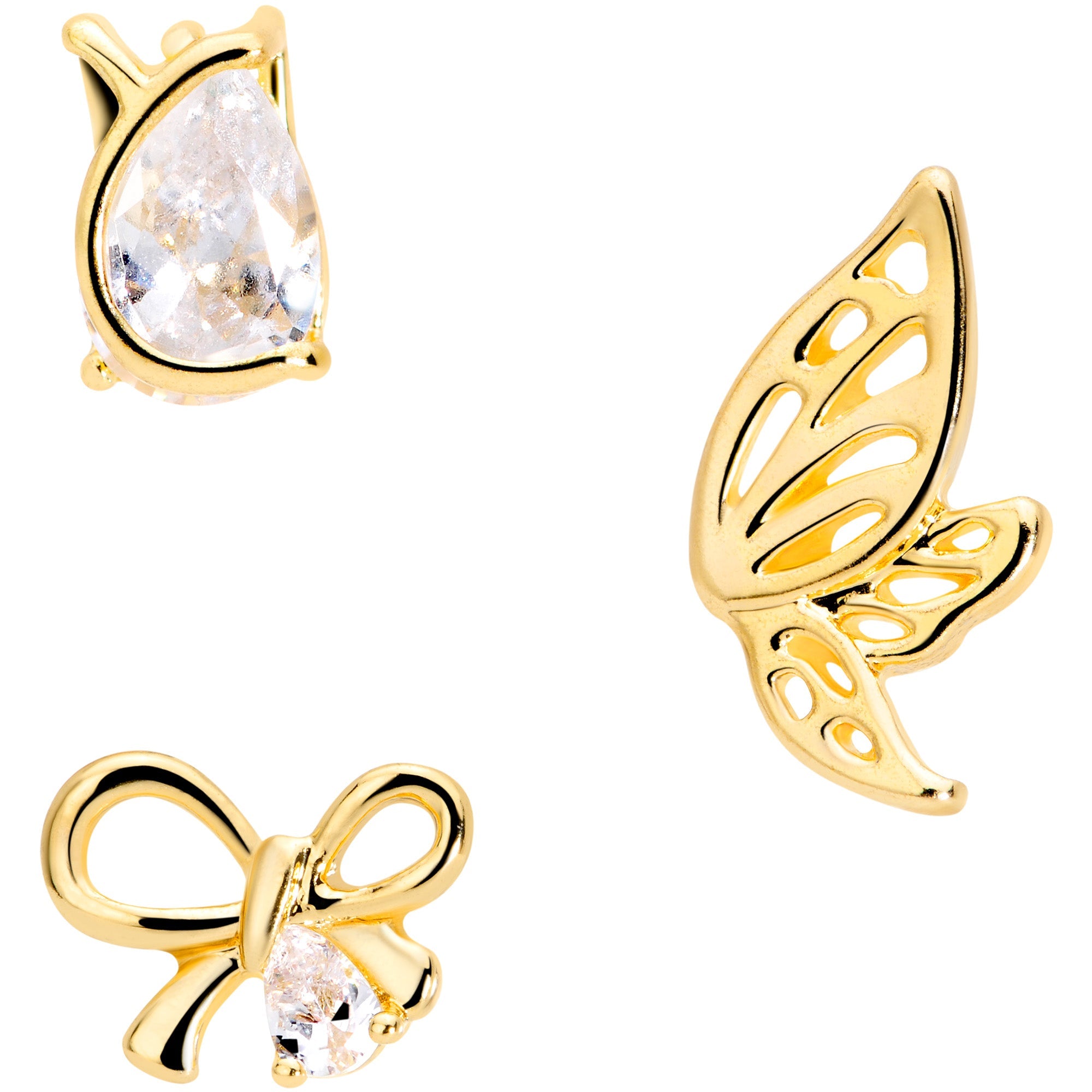 16G 5/16 Clear CZ Gem Gold Tone Bow Cartilage Tragus Set of 3