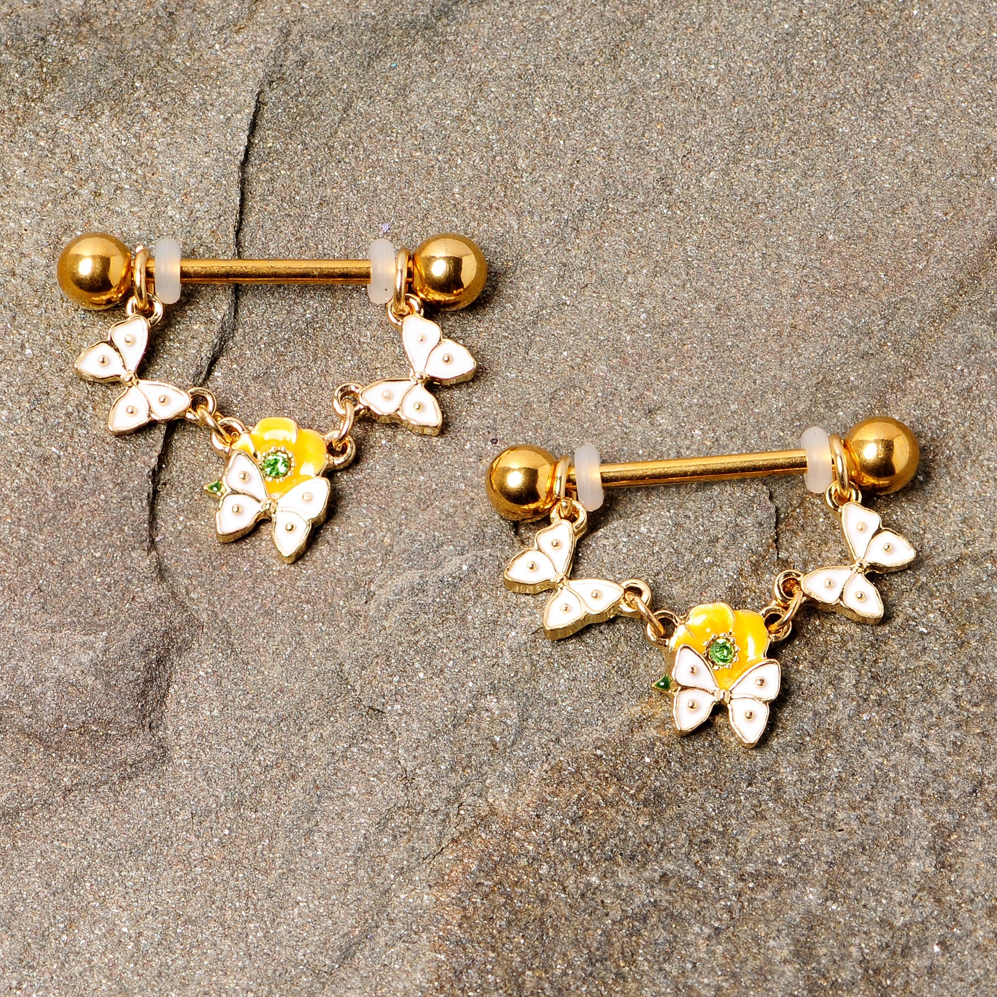 14G 5/8 Green Gem Gold Tone Butterfly Dangle Nipple Ring Set