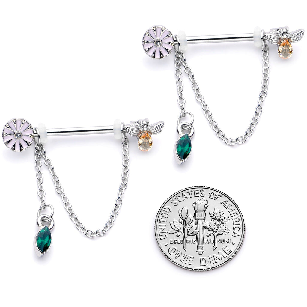 14G 5/8 Green Yellow Gem Flower Bee Dangle Nipple Ring Set