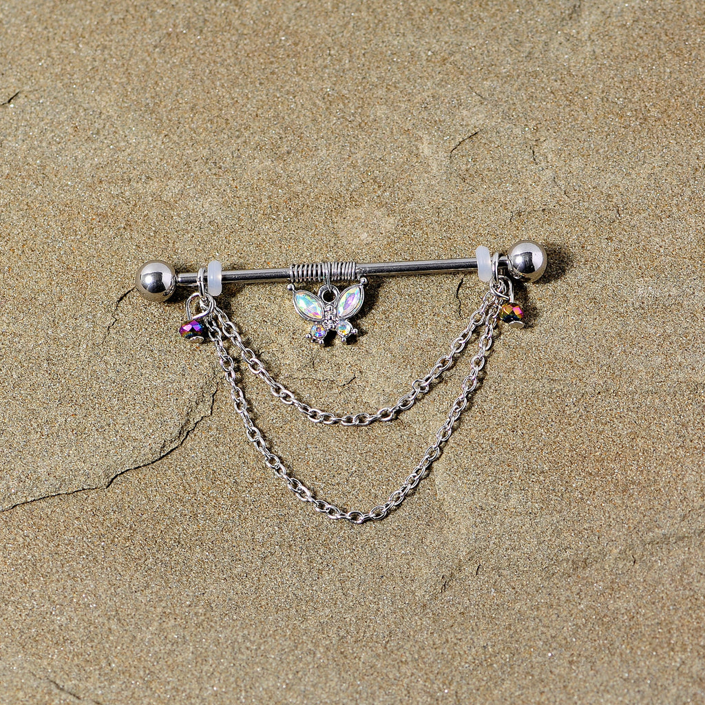 14G Aurora Gem Butterfly Chain Dangle Project Bar 38mm