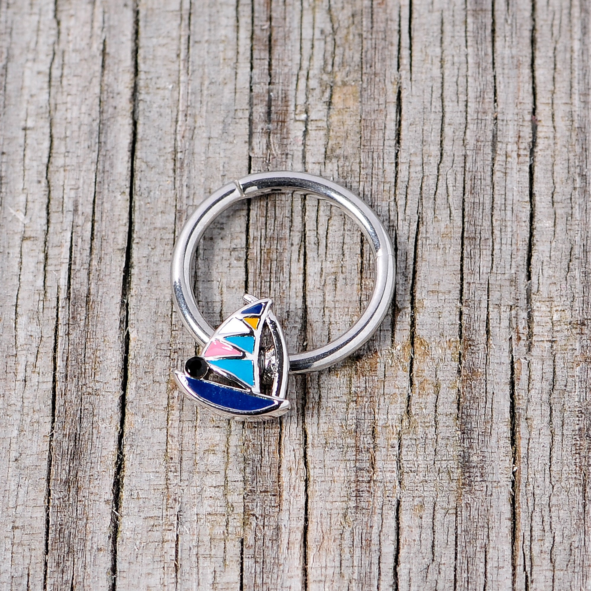 16G 3/8 Black Gem Pink Teal Nautical Sailboat Hinged Segment Ring