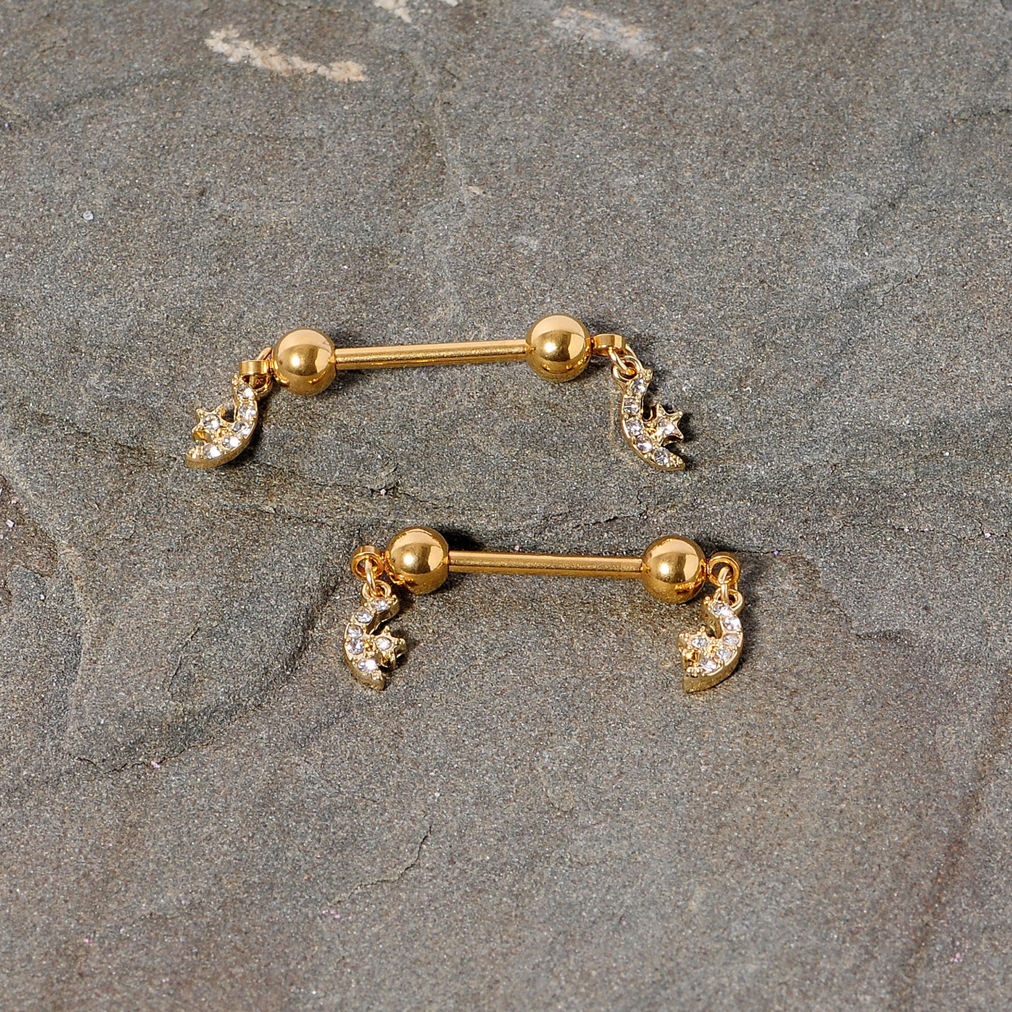 14G 9/16 Clear Gem Gold Tone Moon Dangle Barbell Nipple Ring Set