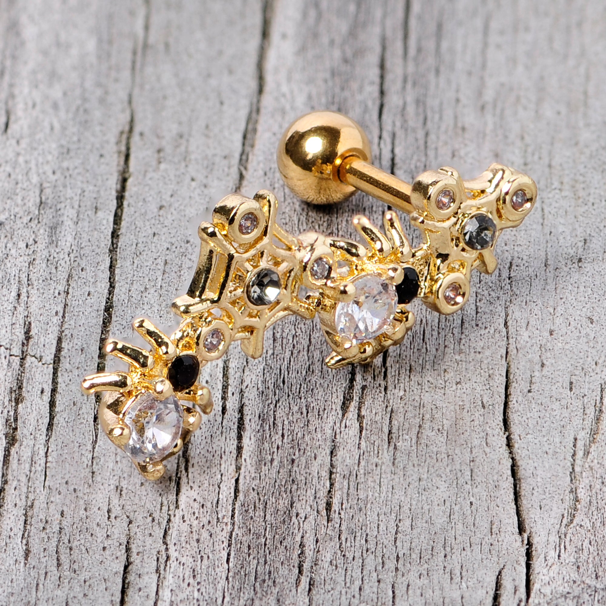 16G 1/4 Clear CZ Gem Gold Tone Spider Halloween Cartilage Tragus