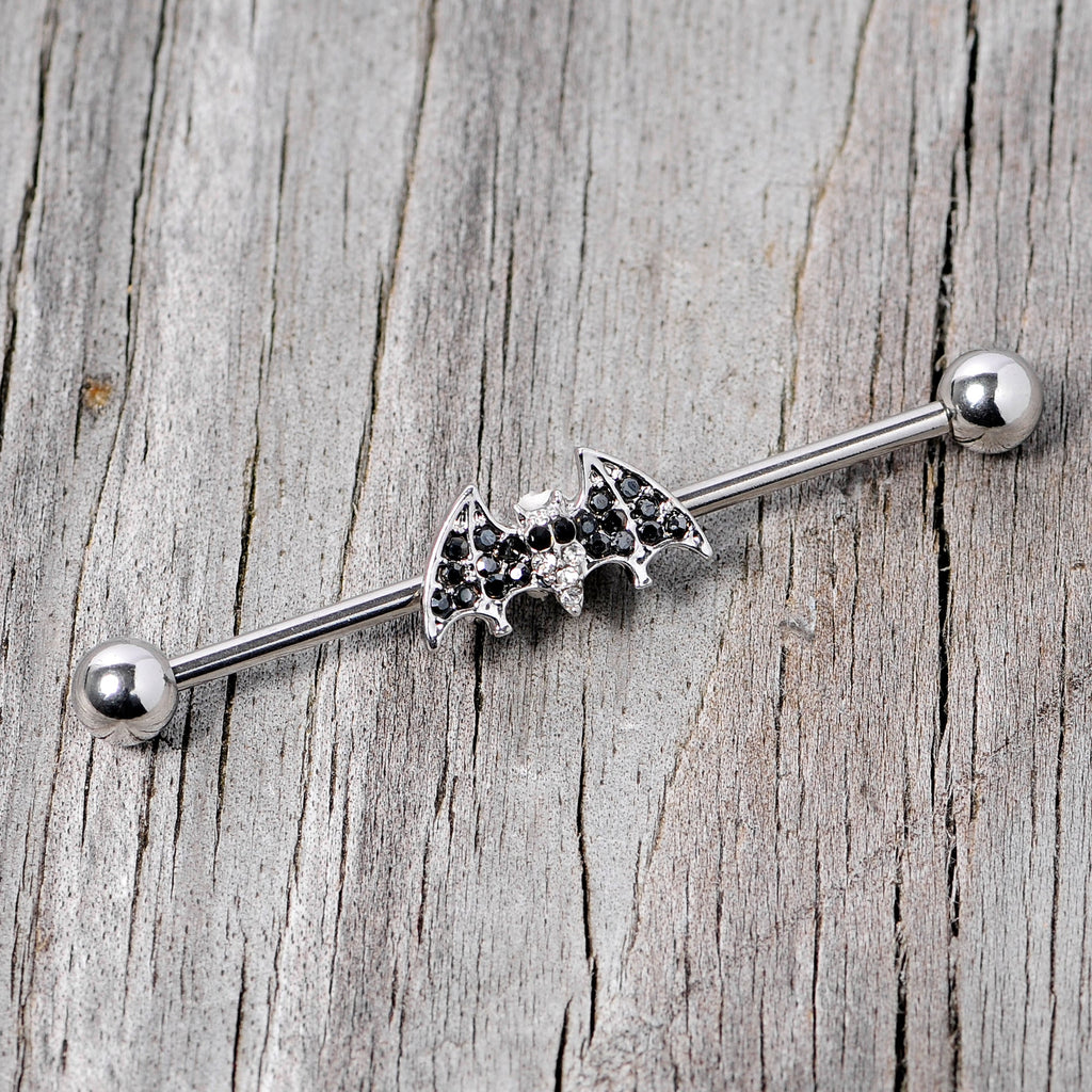 14G Clear Black Gem Bat Halloween Industrial Barbell 38mm