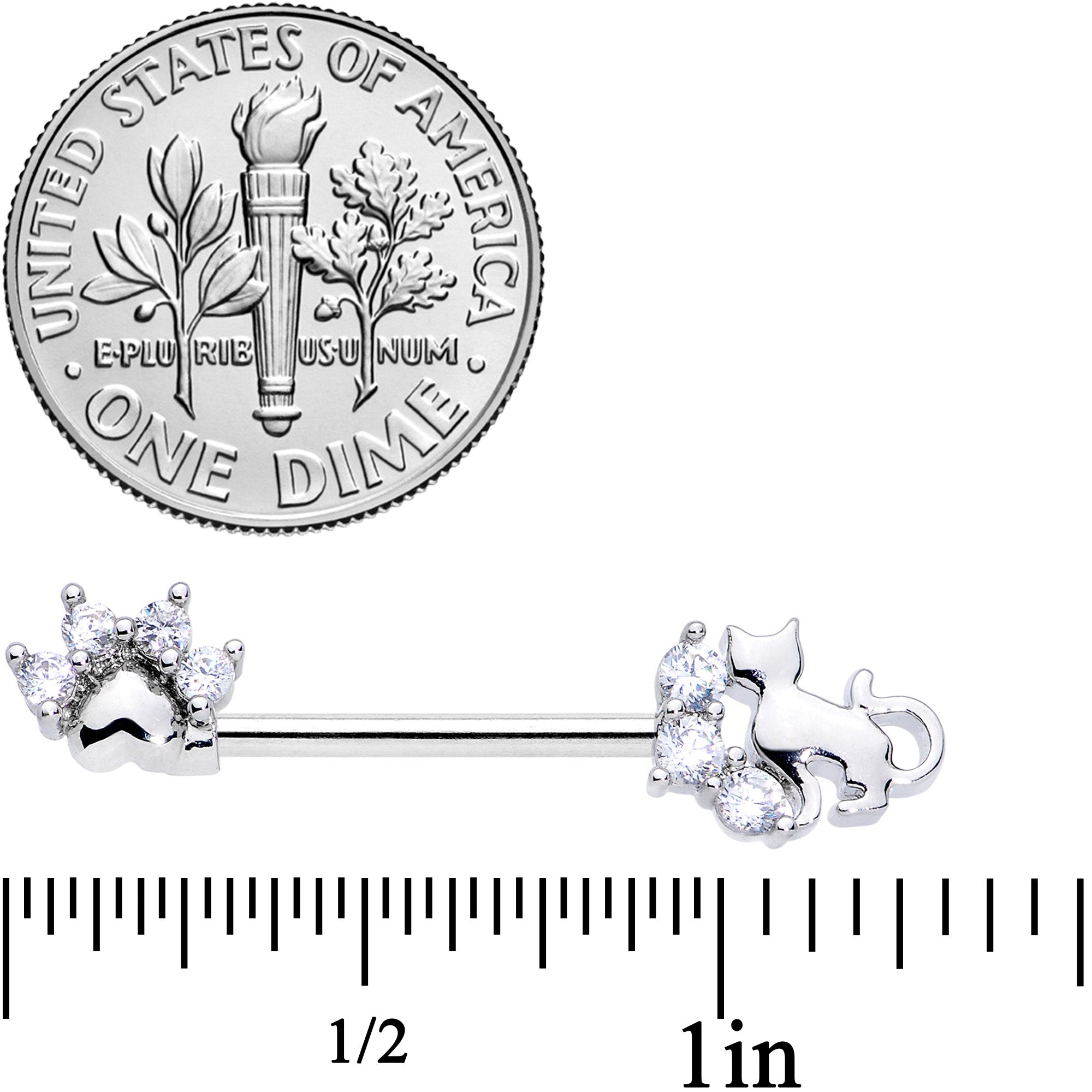 14G 9/16 Clear CZ Gem Paw Print Cat Barbell Nipple Ring Set