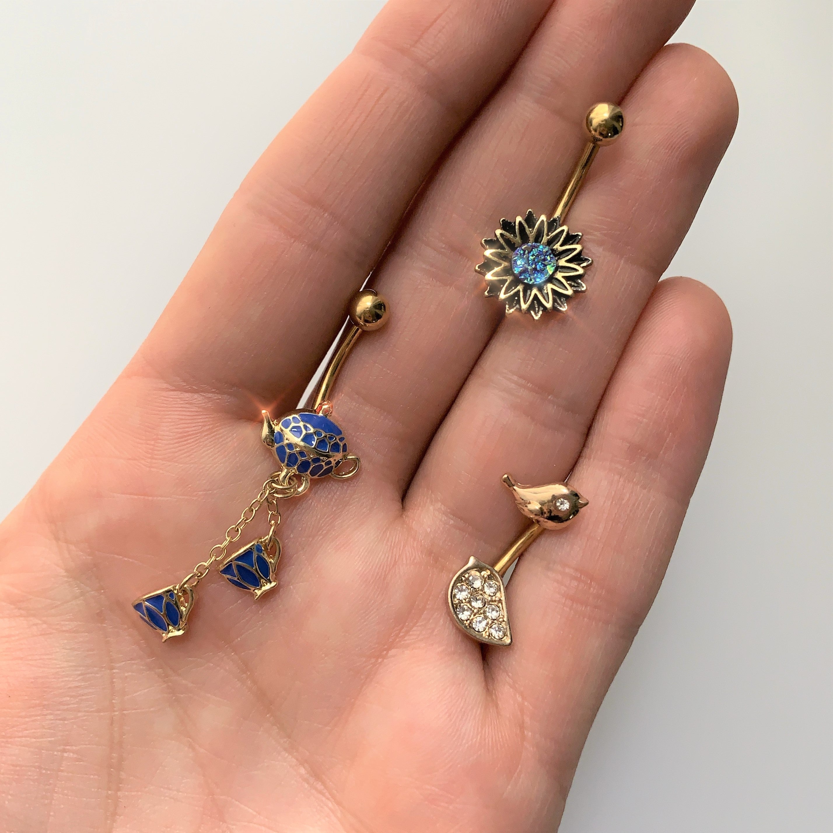 Clear Gem Gold Tone Little Birds Double Mount Belly Ring