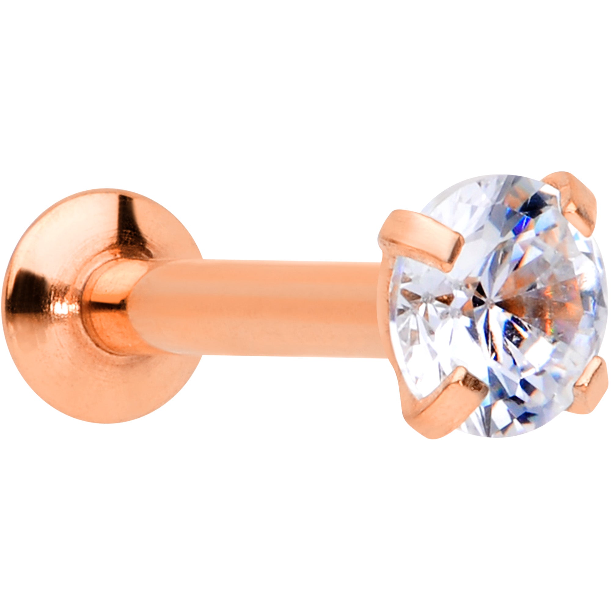 16G 1/4 CZ Gem Rose Gold PVD 3mm Threadless Push In Labret Tragus
