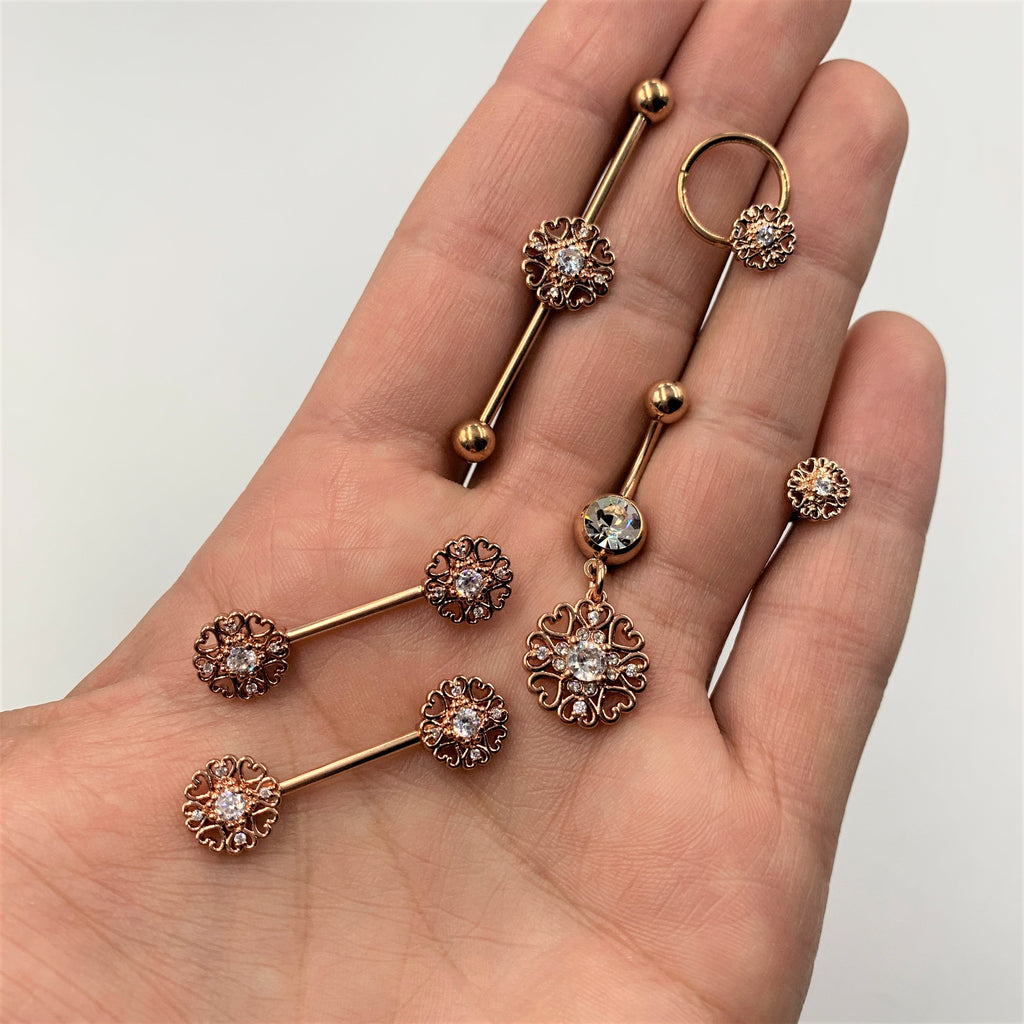 16G 1/4 Clear CZ Rose Gold Tone Hearts Labret Monroe Tragus