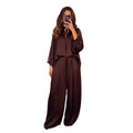 Solid color V-neck lace up loose pants set for women