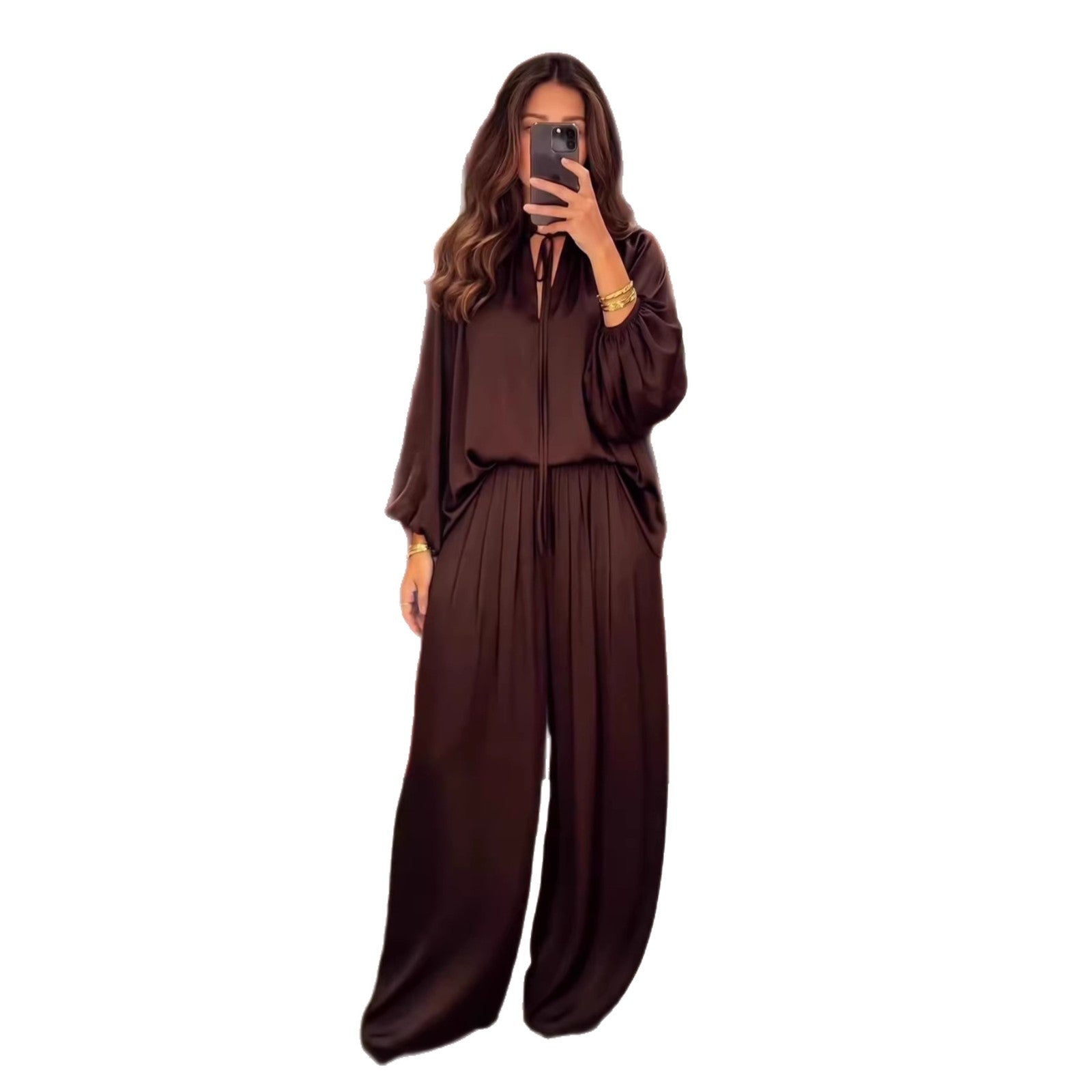 Solid color V-neck lace up loose pants set for women