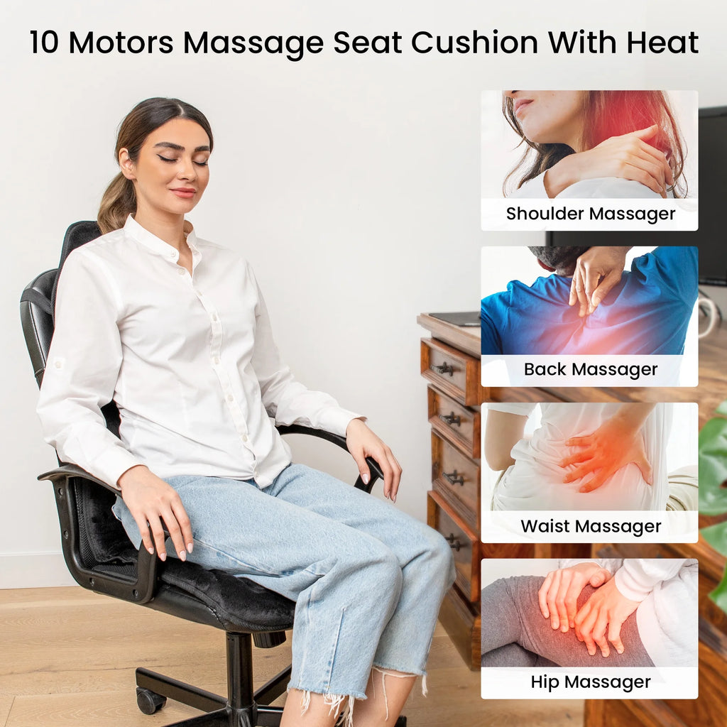 10 Motors Massage Seat Cushion with 3 Level Heating Pad, Vibration Back Massager Chair Pad for Home Office