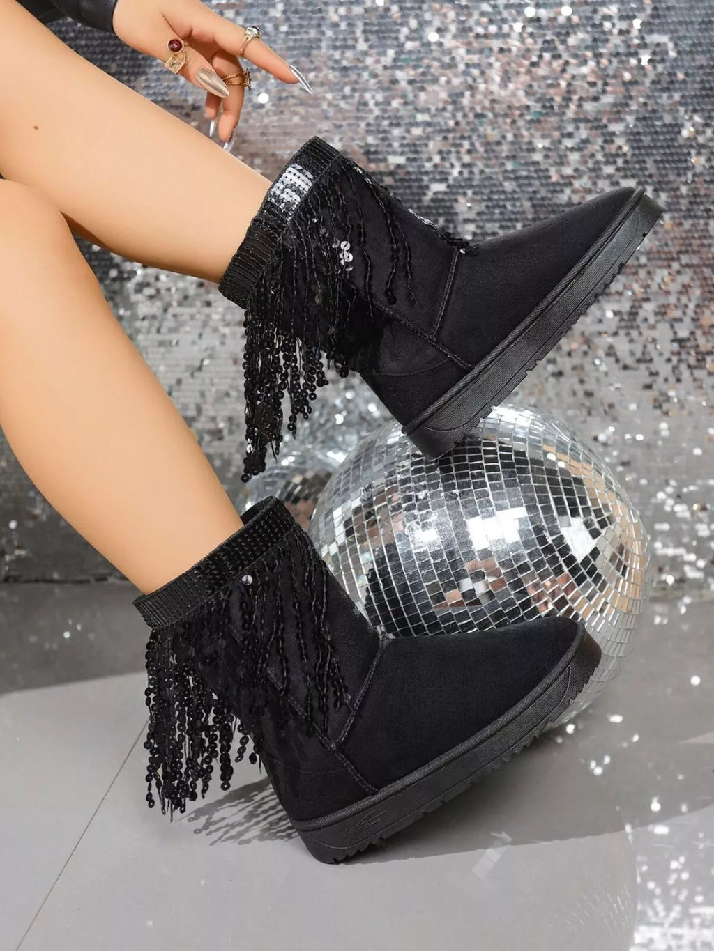 Sequin Fringe Suede Winter Boots