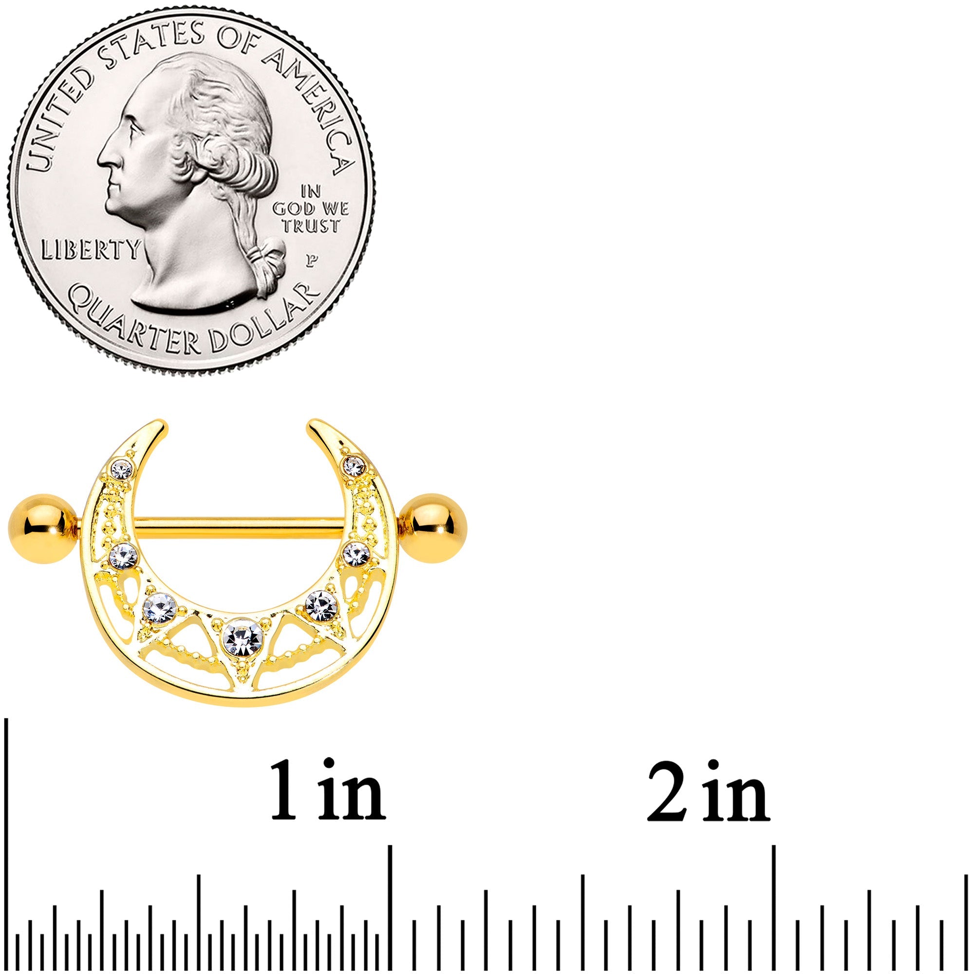 14G 5/8 Clear Gem Gold Tone Open Crescent Nipple Shield Set