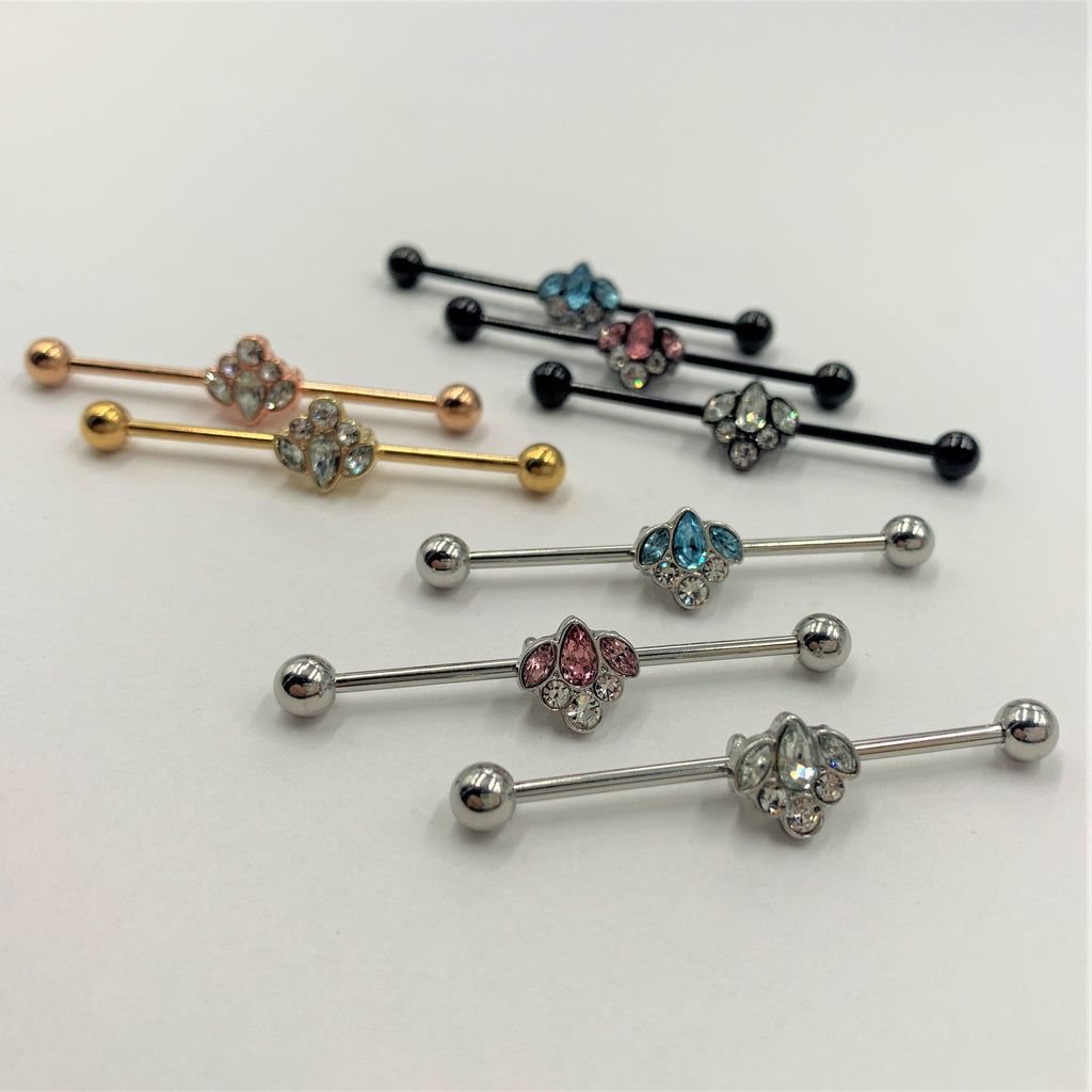 14G Clear Gem Rose Gold Hue Anodized Cluster Industrial Barbell 38mm