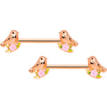 14G 9/16 Rose Gold Tone Bird Pink Flower Barbell Nipple Ring Set