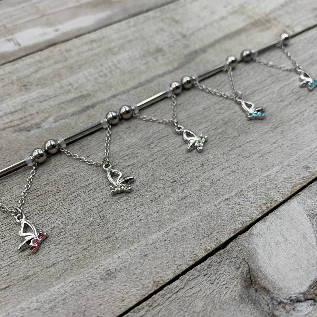 14G 5/8 Aqua Gem Hollow Butterfly Chain Dangle Nipple Ring Set
