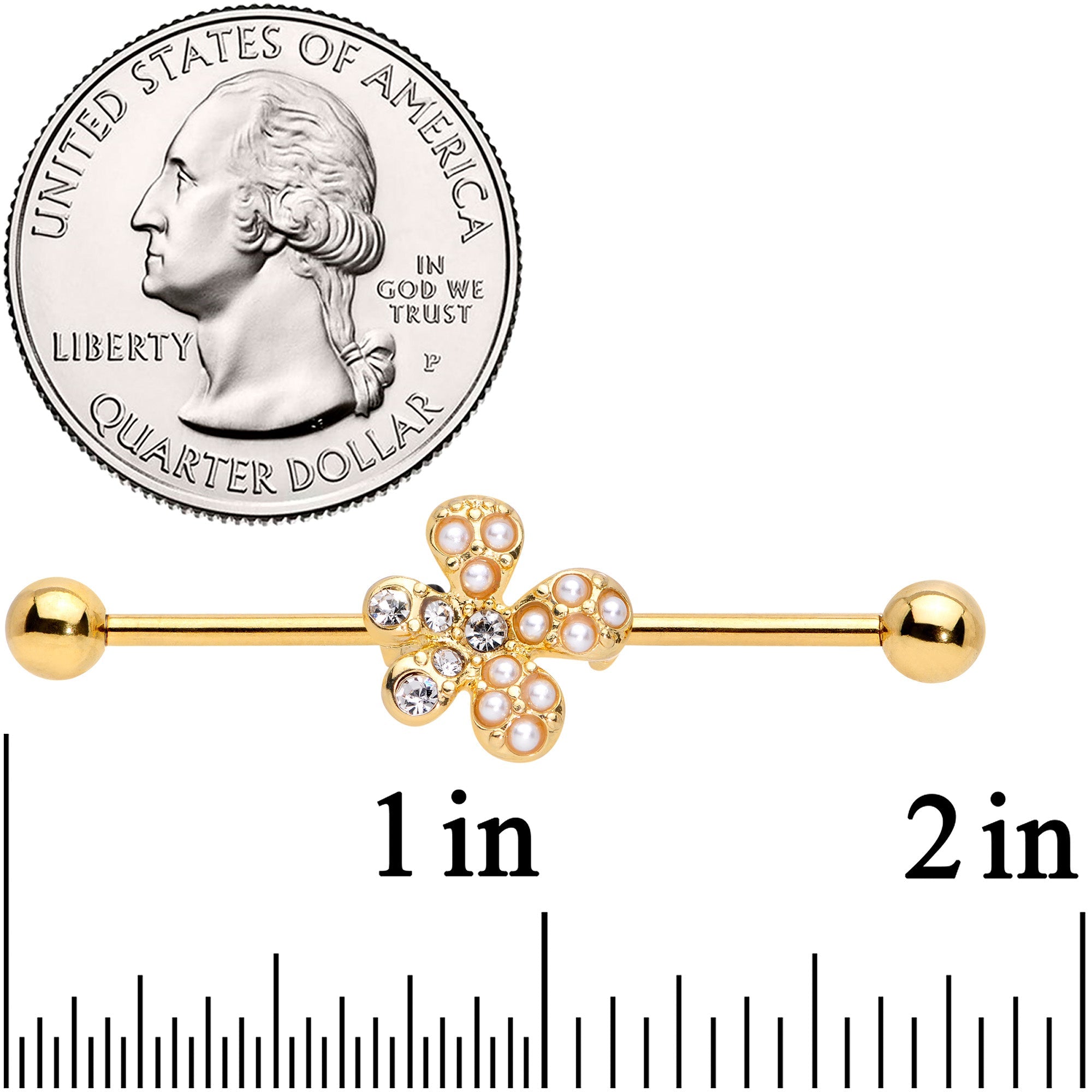 14G Clear Gem Gold Tone Stylish Splat Industrial Barbell 38mm