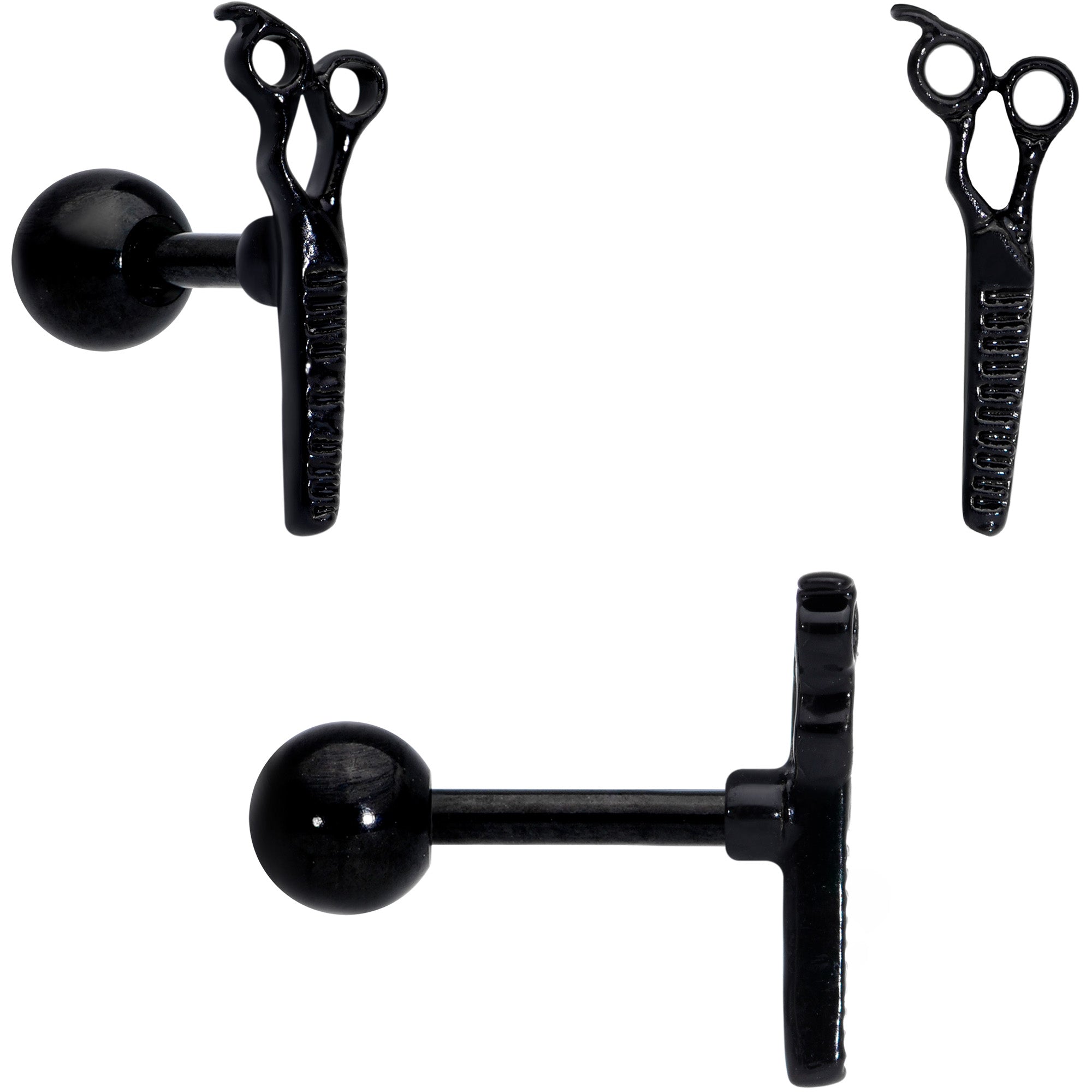 16G 1/4 Black Scissor Comb Hair Cartilage Tragus Earring Set of 3