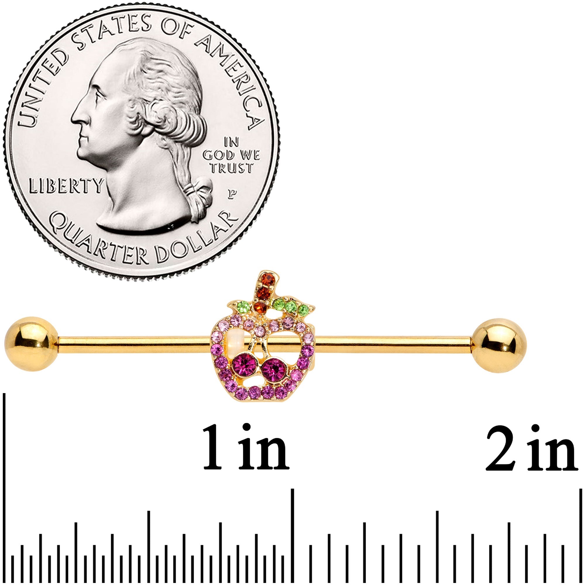 14G Pink Purple Gem Gold Hue Apple Cherry Industrial Barbell 38mm