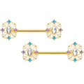 14G 9/16 White Synth Opal Gold Tone Web Barbell Nipple Ring Set
