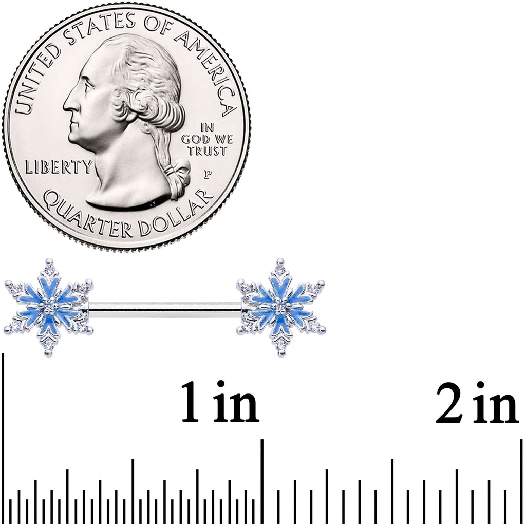 14G 9/16 Clear CZ Gem Blue Snowflake Barbell Nipple Ring Set