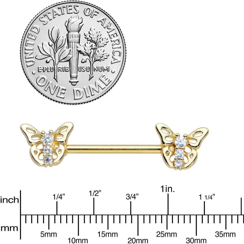 14G 9/16 Clear CZ Gem Gold Tone Open Butterfly Nipple Ring Set