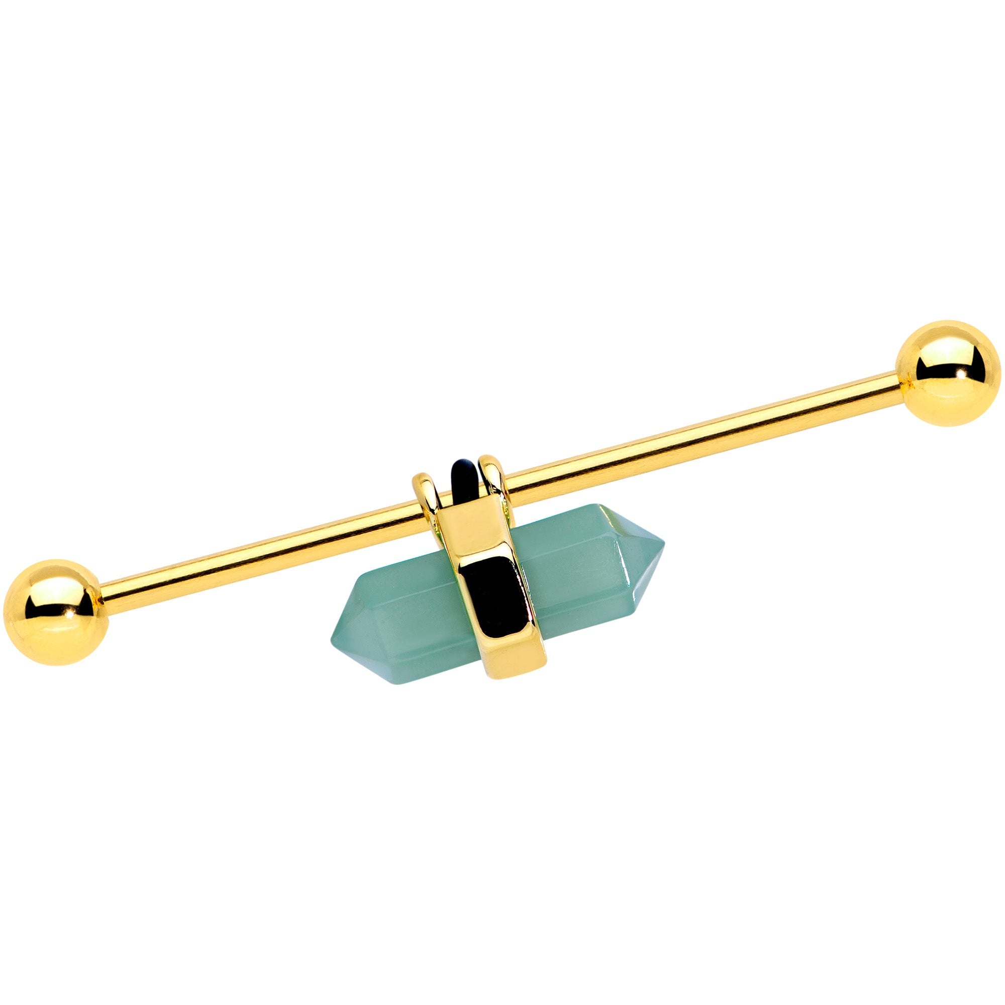 14G Gold Tone Green Gem Groovy Stone Hippie Industrial Barbell 38mm