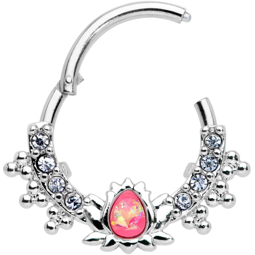 16G 3/8 Pink Faux Opal Stylized Lotus Hinged Segment Ring
