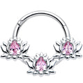 16G 3/8 Pink CZ Gem Triple Lotus Hinged Segment Ring