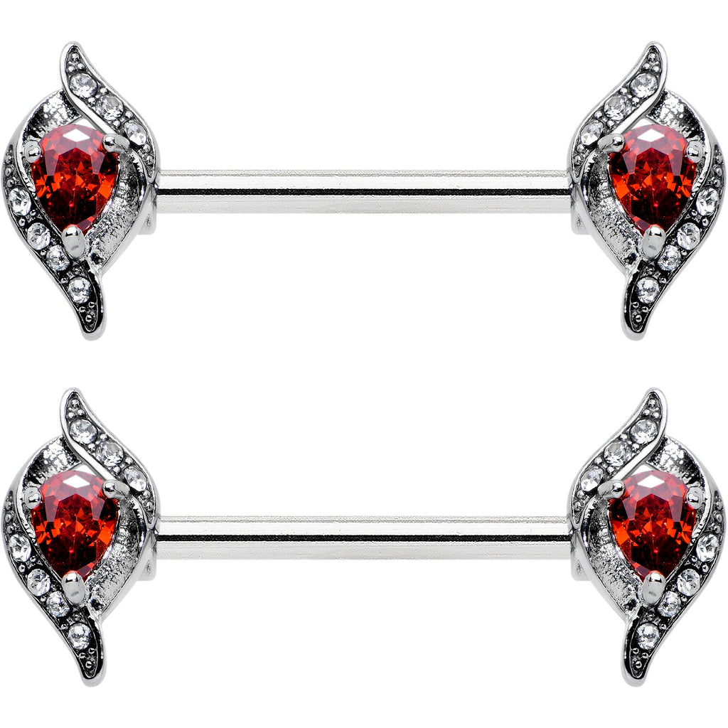 14G 9/16 Clear Red Gem Swirling Oval Barbell Nipple Ring Set