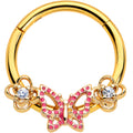 16G 3/8 Clear CZ Gem Gold Hue Sweet Butterfly Hinged Segment Ring