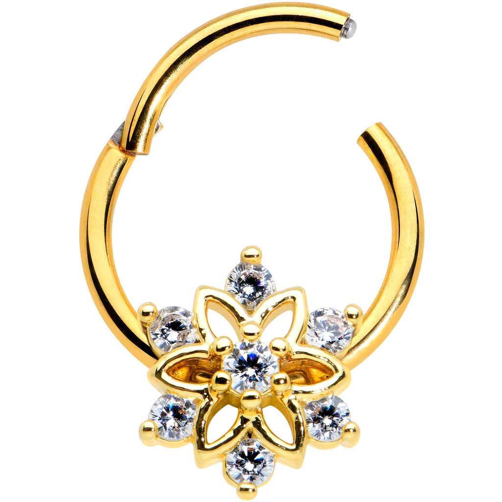 16G 3/8 Clear Gold Tone Flower Snowflake Christmas Hinged Segment Ring