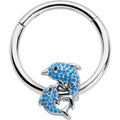 16G 3/8 Black Gem Blue Leaping Dolphins Hinged Segment Ring