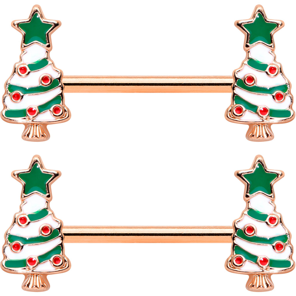 14G 9/16 Red Gem Rose Gold Tone Christmas Tree Nipple Ring Set