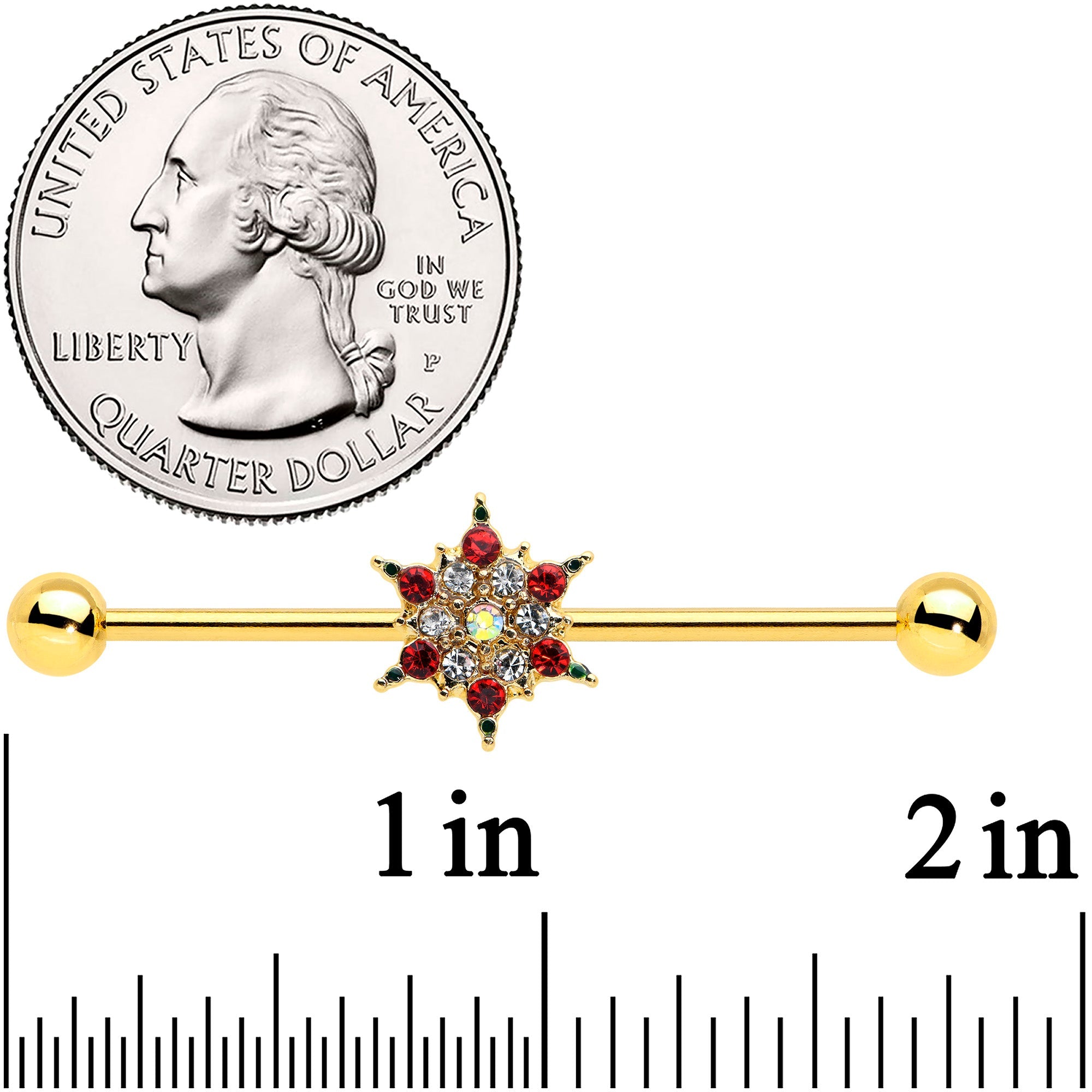14G Red Gem Gold Tone Bright Christmas Industrial Barbell 38mm
