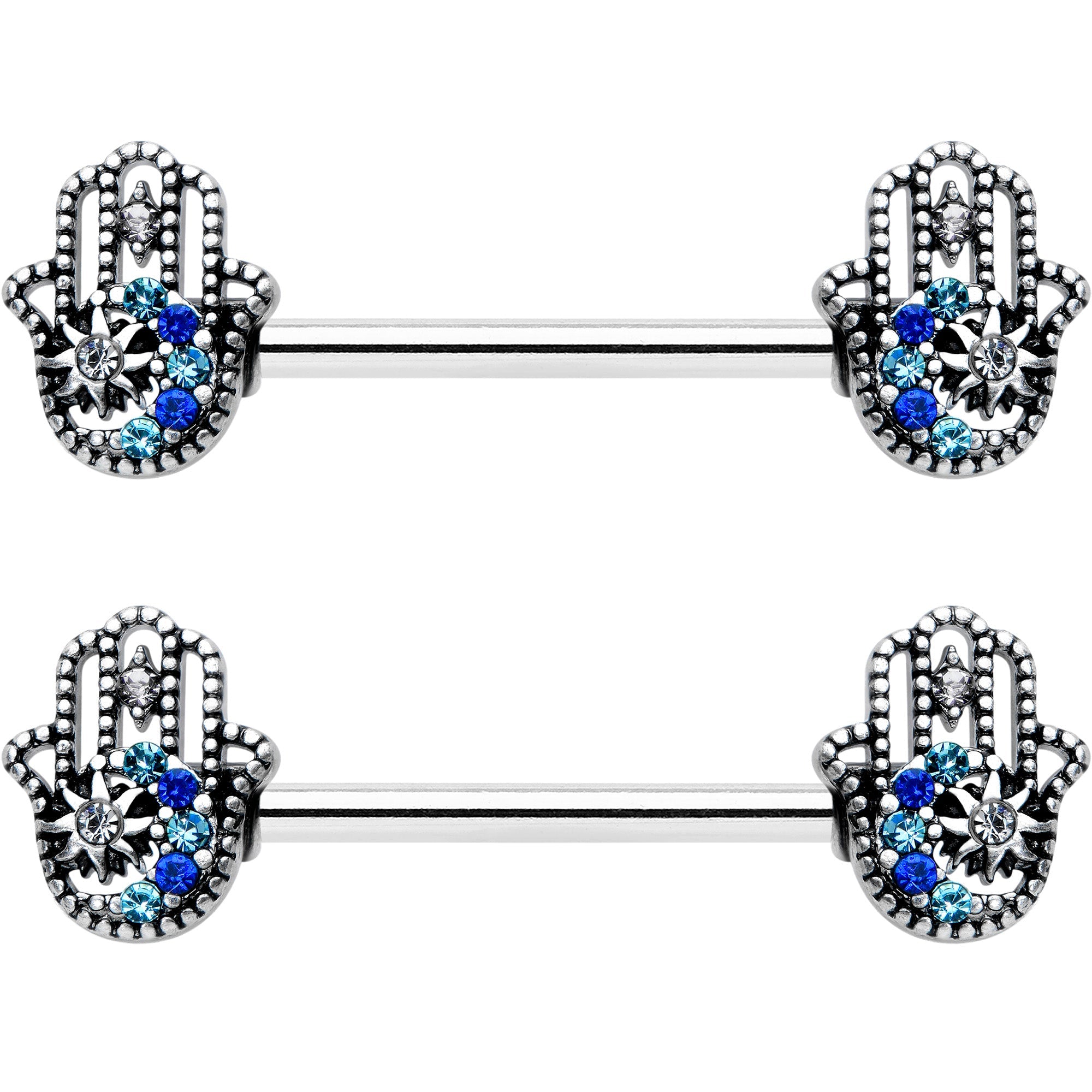 14G 9/16 Clear Blue Gem Textured Hamsa Hand Nipple Ring Set