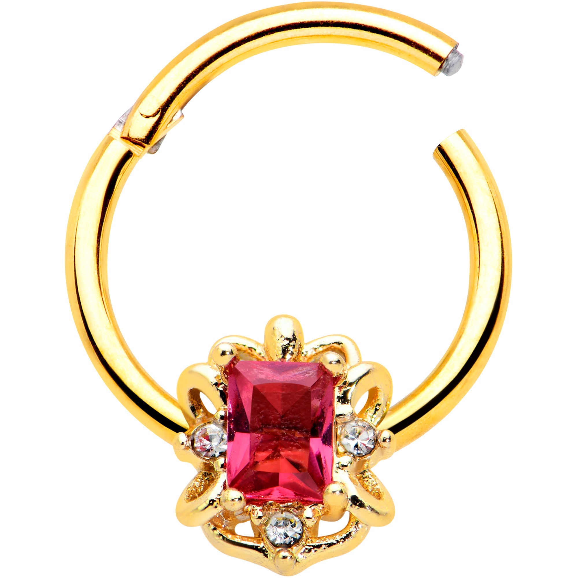 16G 3/8 Clear Pink Gem Gold Tone Open Oblong Hinged Segment Ring