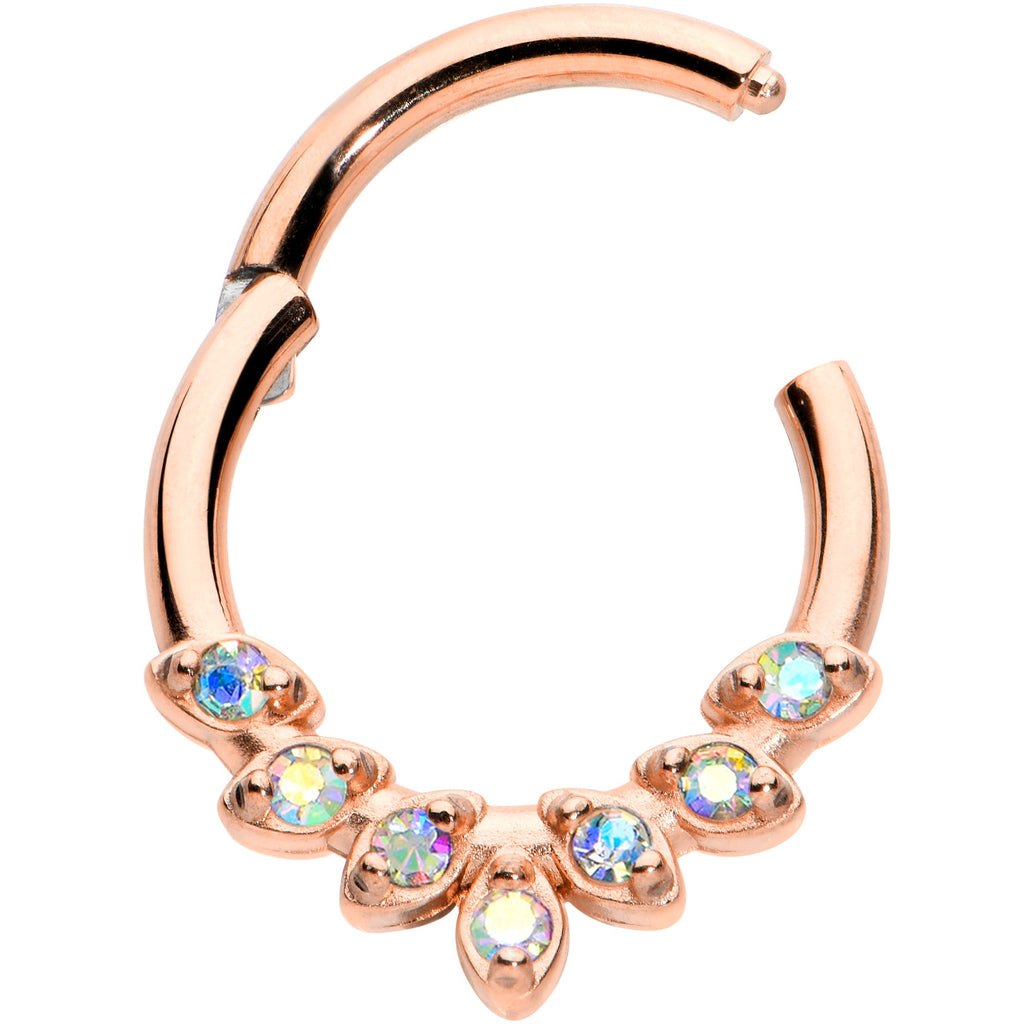 16G 5/16 Aurora CZ Gem Rosy Tone Seven Leaf Hinged Segment Ring