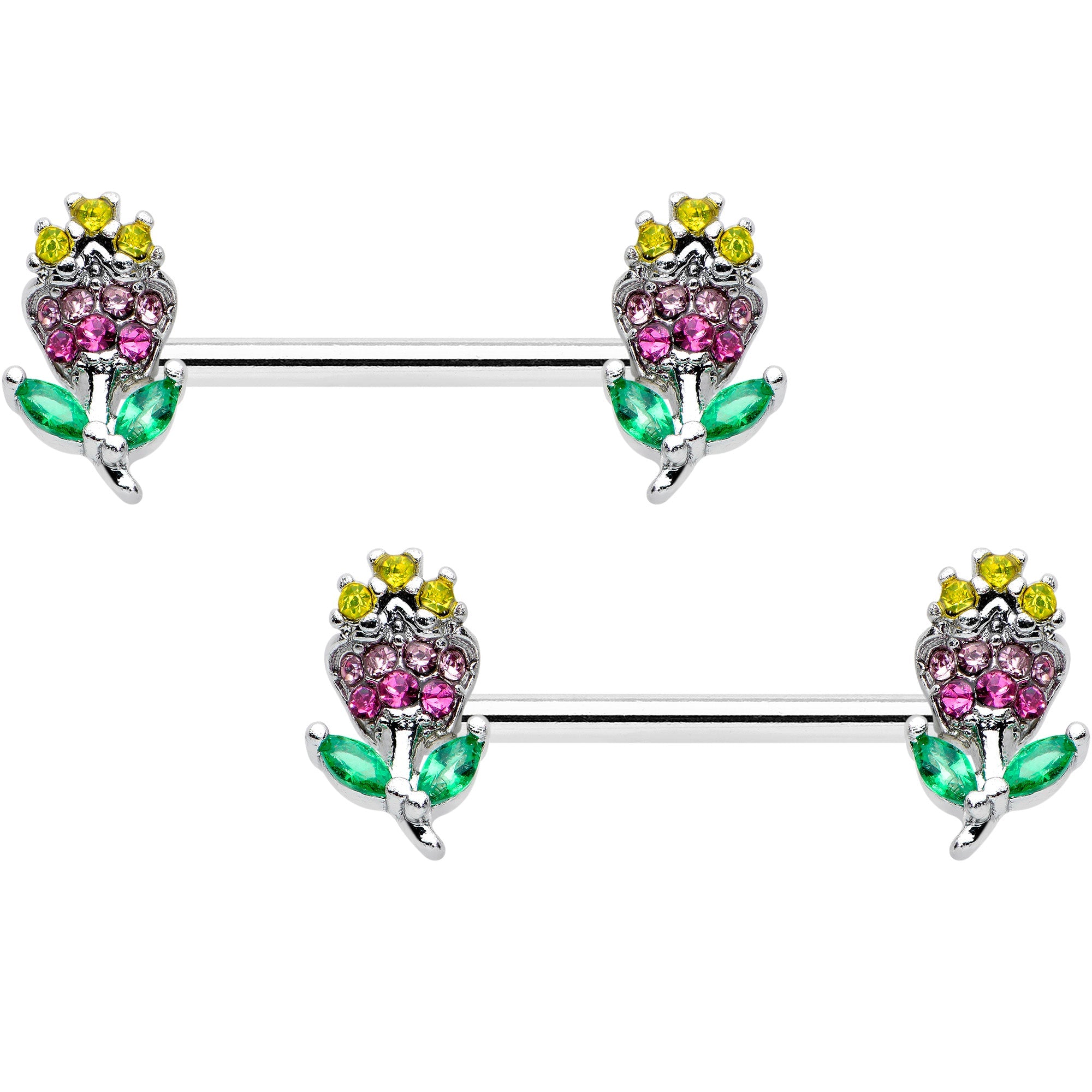 14G 9/16 Green Pink Gem Mardi Gras Flower Barbell Nipple Ring Set