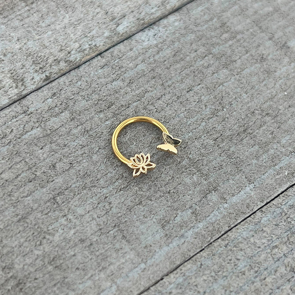 16G 3/8 Gold Tone Butterfly Lotus Flower Horseshoe Circular Barbell