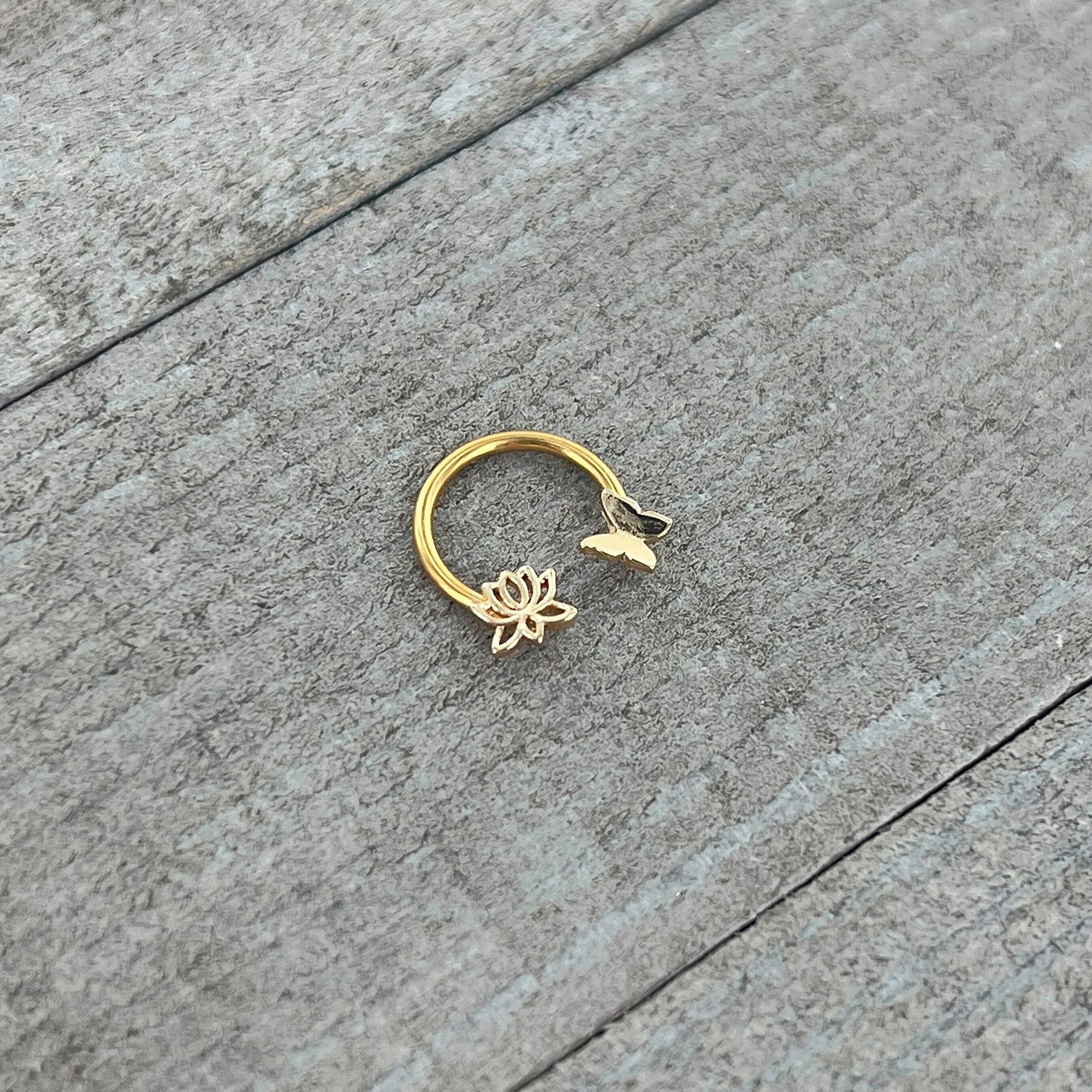 16G 3/8 Gold Tone Butterfly Lotus Flower Horseshoe Circular Barbell