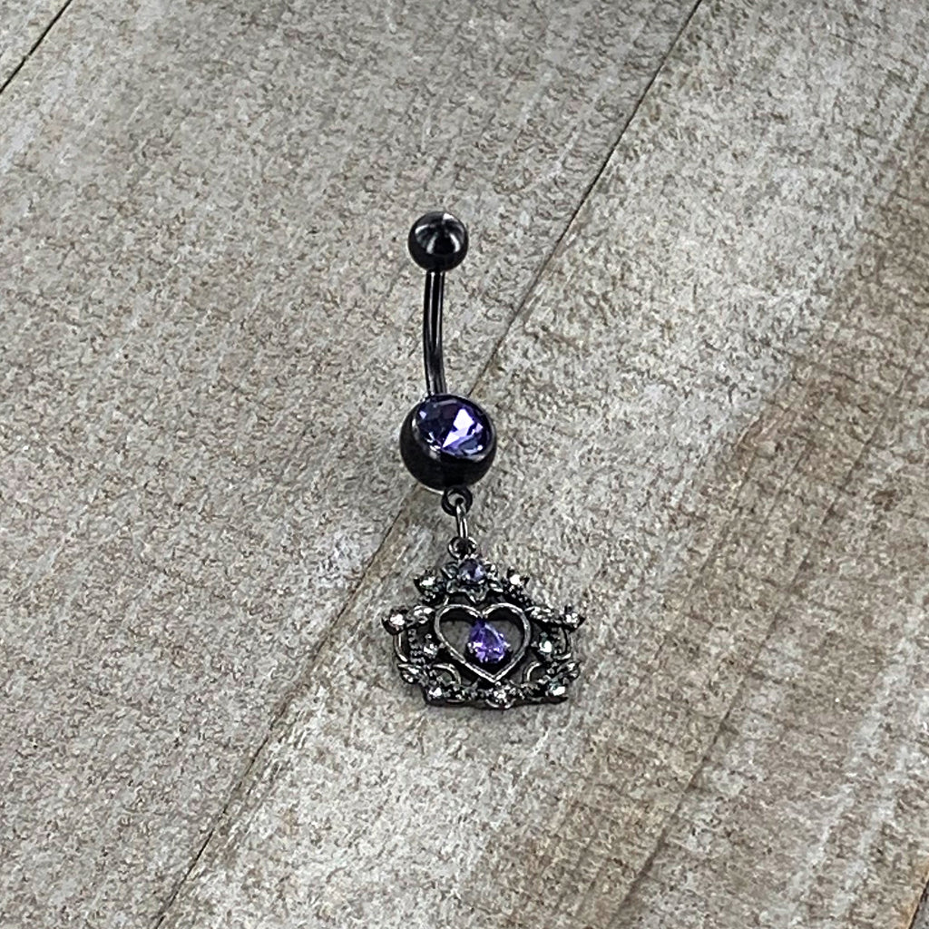 Purple Gem Black Regal Crown Dangle Belly Ring