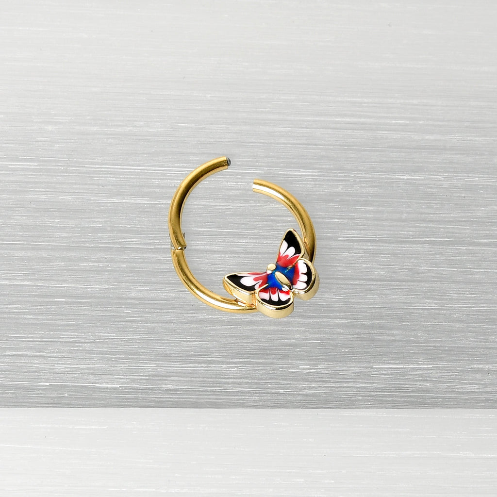 16G 3/8 Gold Tone Red Pink Blue Butterfly Hinged Segment Ring