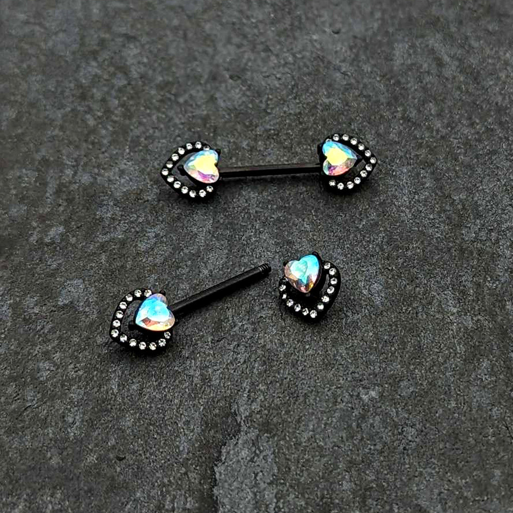 14 G 9/16 Aurora Gem Black Rococo Heart Barbell Nipple Ring Set
