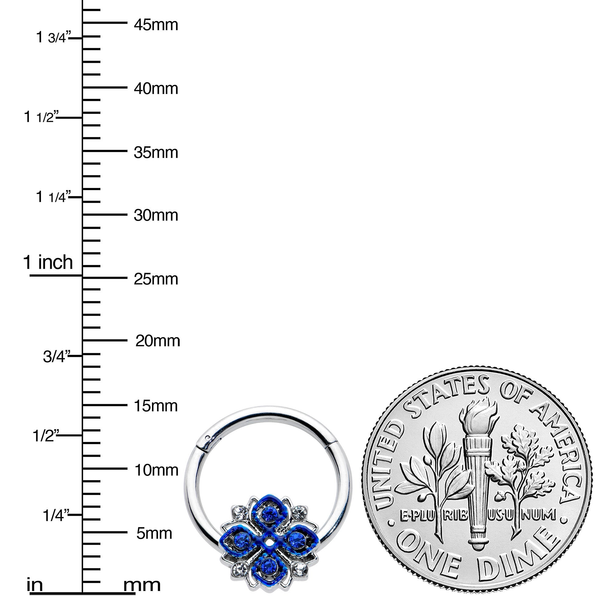 16G 3/8 Blue Clear Gem Embellished Cross Hinged Segment Ring