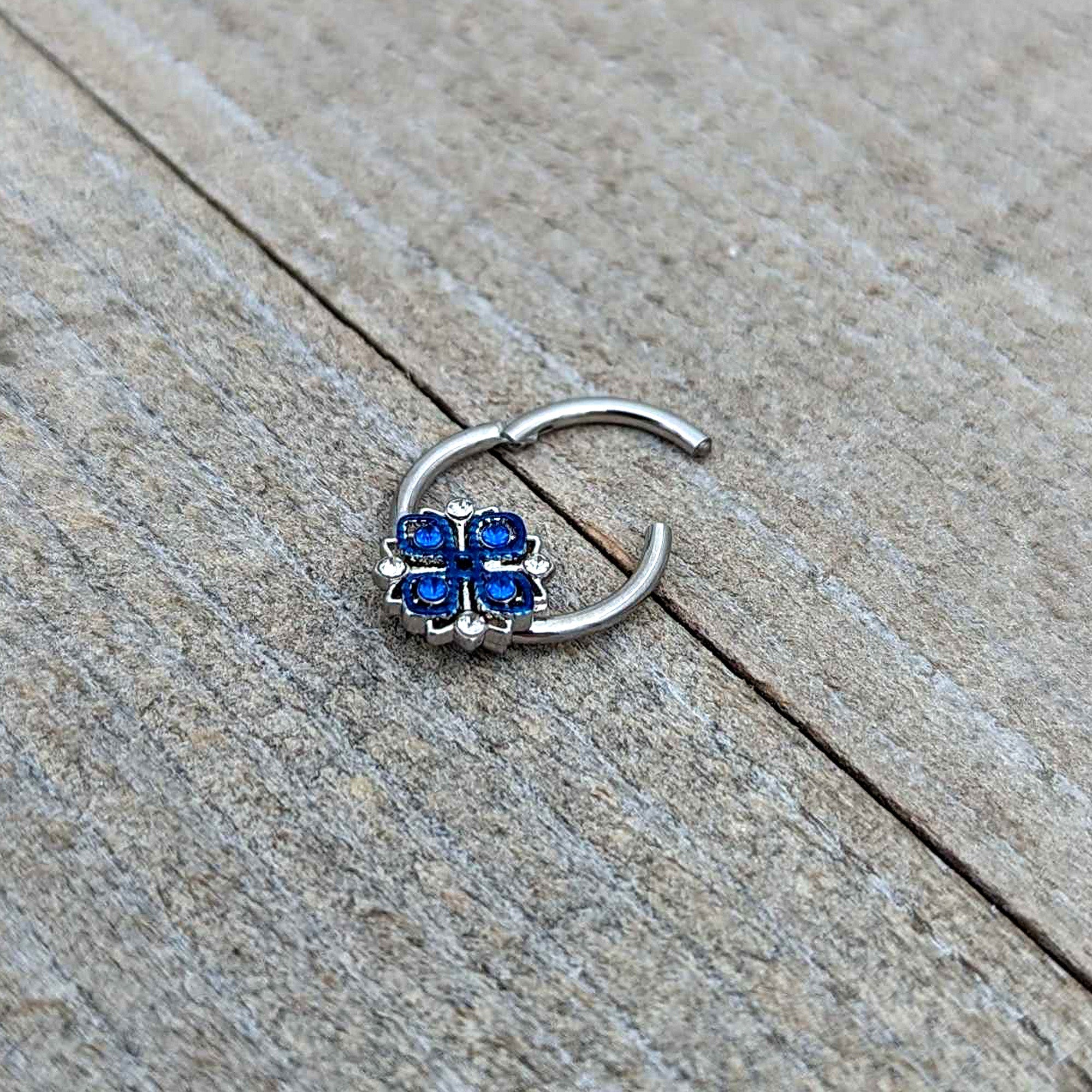 16G 3/8 Blue Clear Gem Embellished Cross Hinged Segment Ring