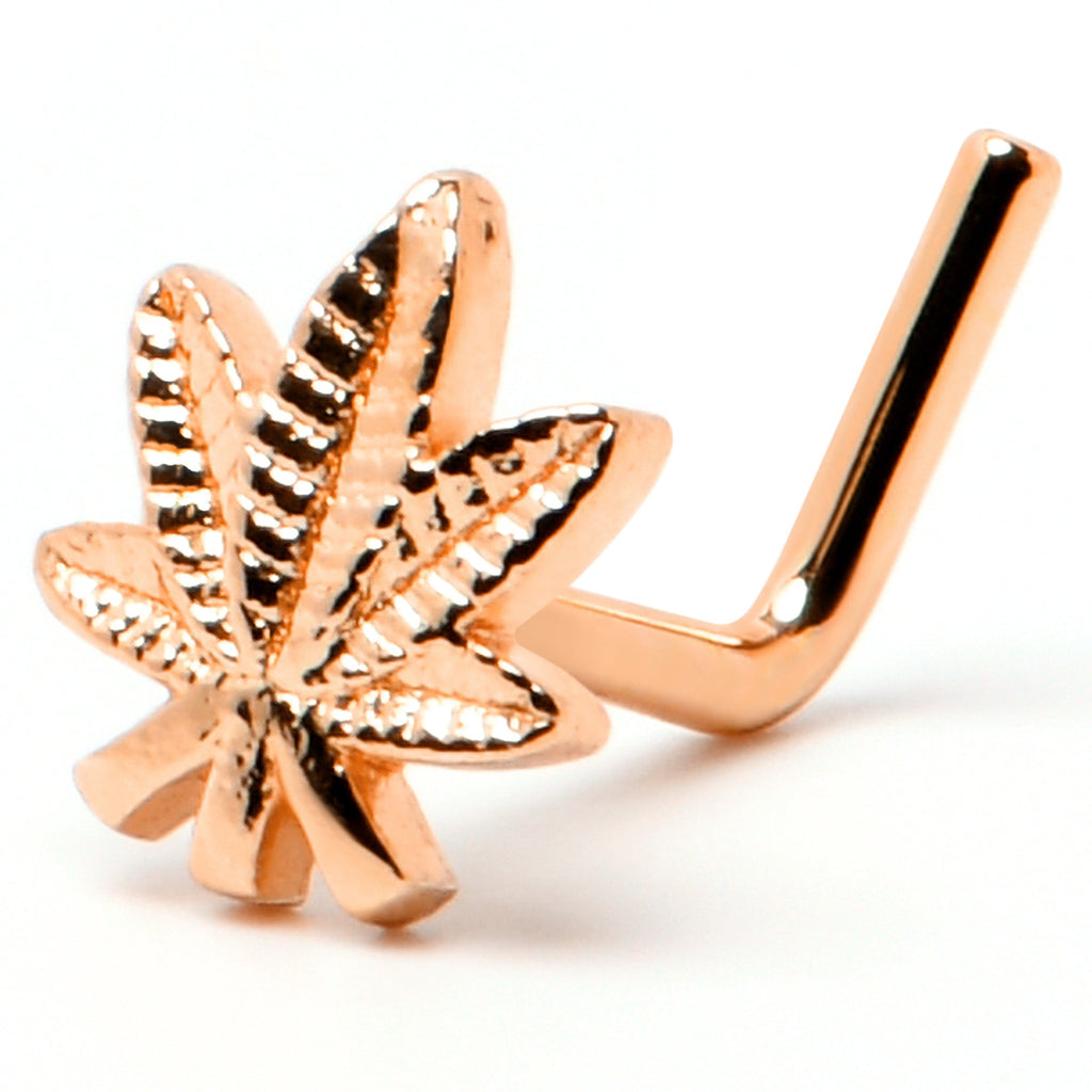 20G 1/4 Rose Gold Tone Texture Pot Leaf L Shape Nose Ring