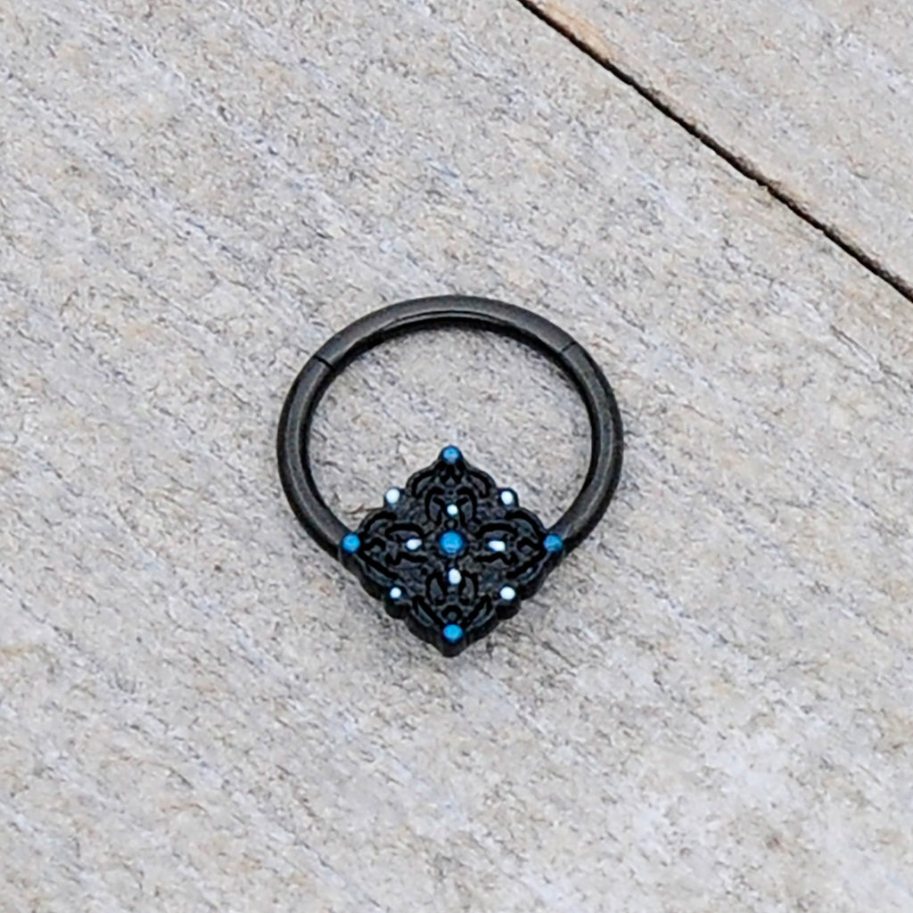 16G 3/8 Black Lacy Rhombus Blue Hinged Segment Ring