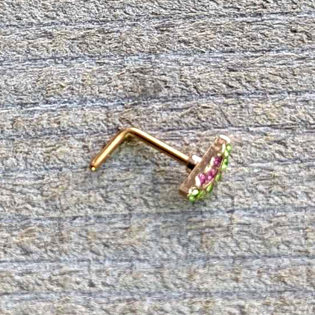 20G 7mm Pink Gem Gold Tone Watermelon Yum L Shape Nose Ring